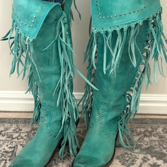 LIBERTY Black Turquoise Over the Knee Fringe Boots